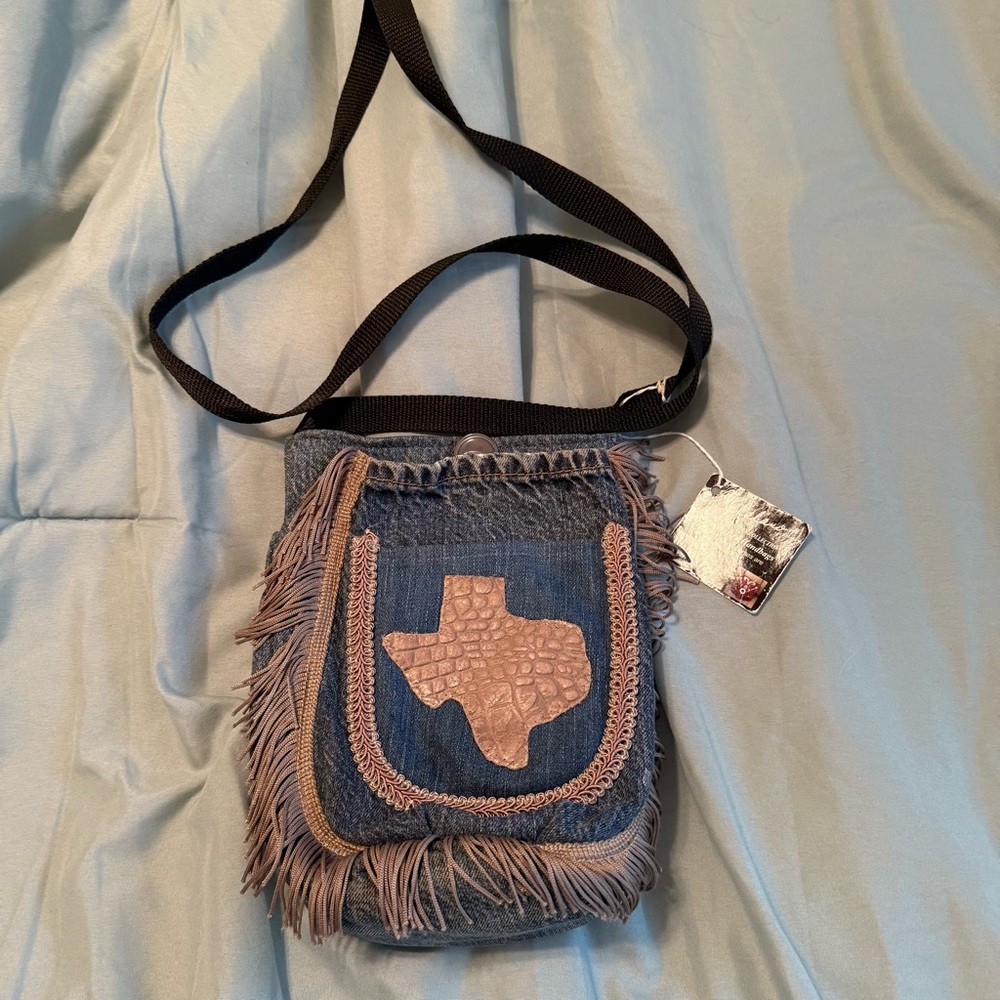Fringed Denim Crossbody Bag with Texas Patch pockets. Fits yeti cup spring summe